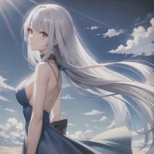  master piece , best quality,Shoulder length straight hair, silver hair, slender woman, wearing blue dress, blue sky in background