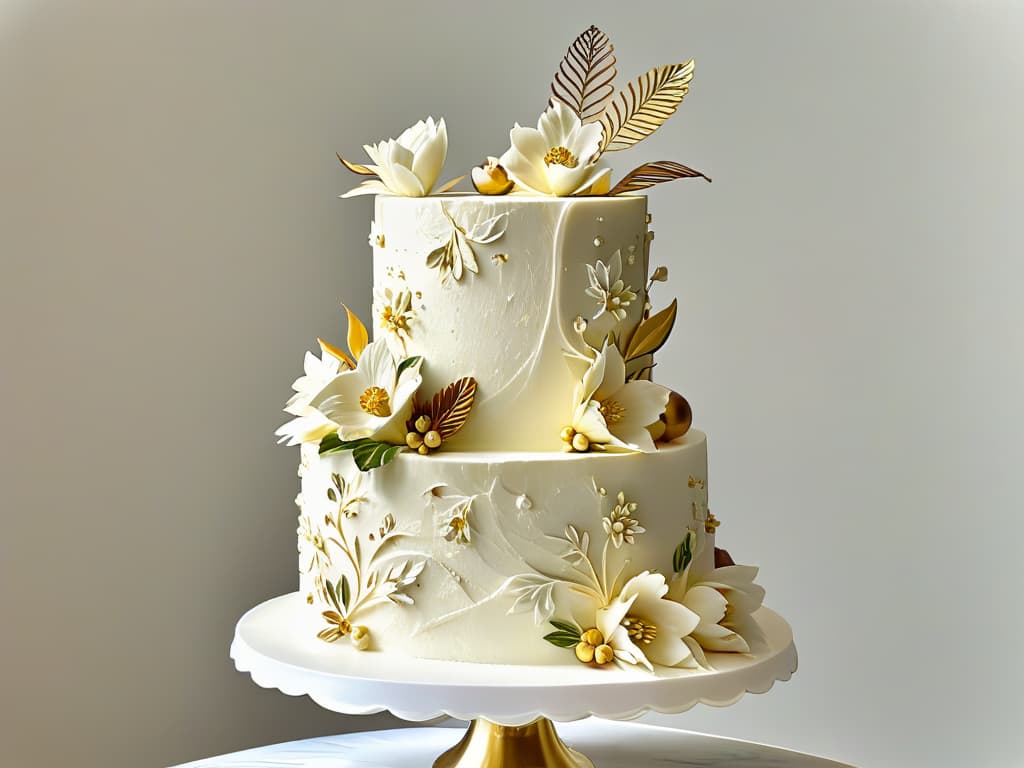  A closeup, ultradetailed image of a beautifully decorated cake with intricate frosting designs, delicate sugar flowers, and shimmering gold leaf accents. The cake is displayed on a simple, white marble cake stand, with soft natural light highlighting its exquisite details. hyperrealistic, full body, detailed clothing, highly detailed, cinematic lighting, stunningly beautiful, intricate, sharp focus, f/1. 8, 85mm, (centered image composition), (professionally color graded), ((bright soft diffused light)), volumetric fog, trending on instagram, trending on tumblr, HDR 4K, 8K