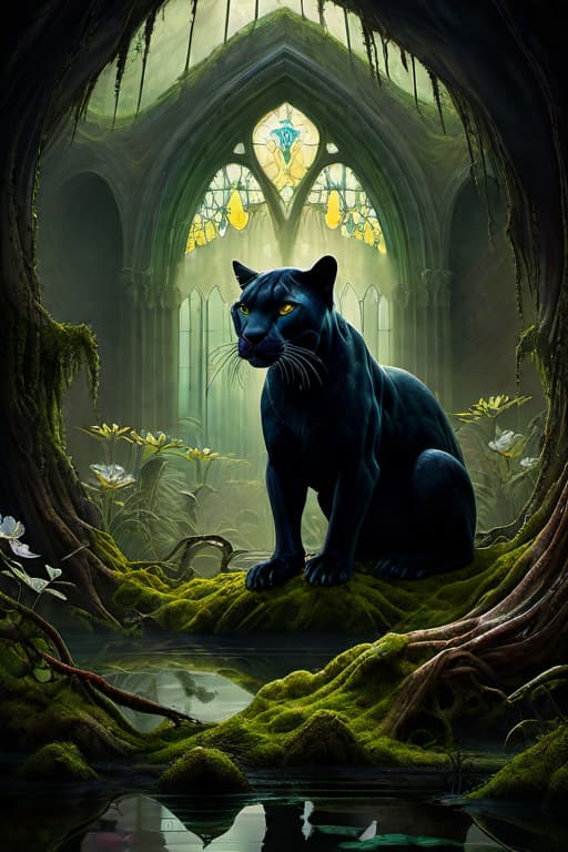  best quality professional photograph. swamp, underground cave panther in the moss, stained glass, high detailed, in the style elegant, highly detailed digital painting, a real landscape, bloomcore, steamcore, hyperdetailed, vanishing point, digital painting, led, fantasy art, album cover art, 8k, octane render, sf, intricate artwork masterpiece, ominous, matte painting movie poster, golden ratio, trending on cgsociety, intricate, epic, trending on artstation, highly detailed, vibrant, production cinematic character render, ultra high quality model