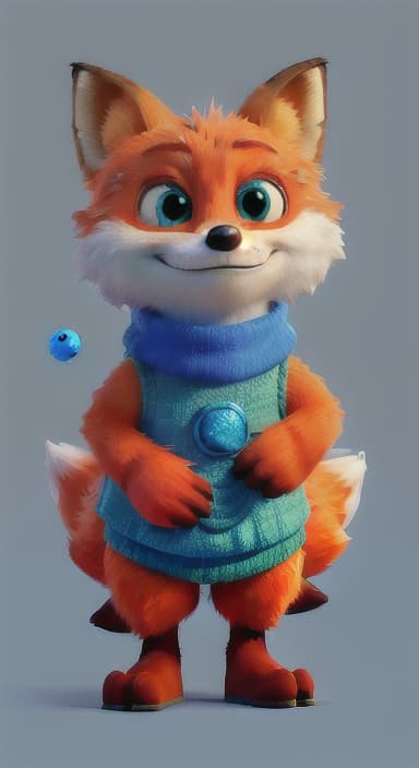  {Error the fox pressing the blue button with his paw, looking puzzled as nothing occurs., Error is a small, bright orange fox with a fluffy tail and big, inquisitive eyes. He has a mischievous yet kind expression and wears a tiny green scarf.