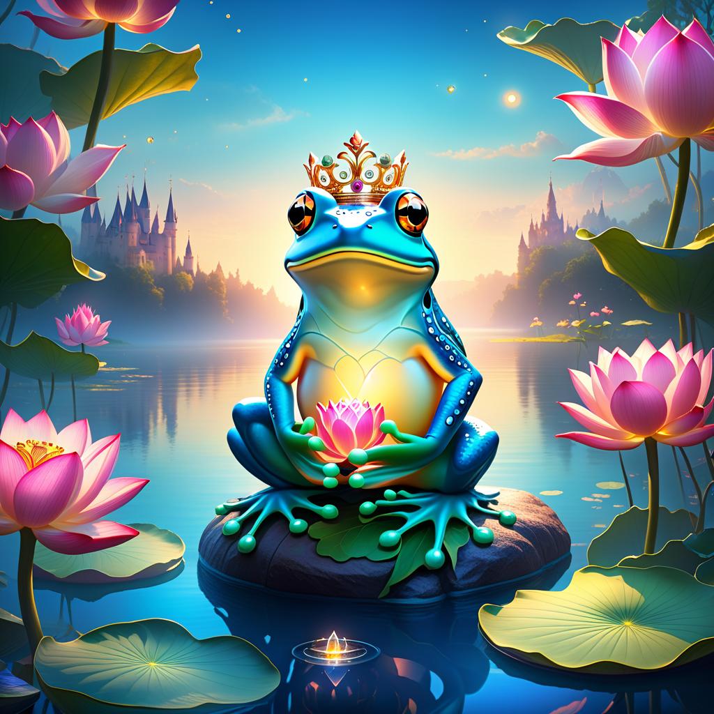  ethereal fantasy concept art of (Background): a lake with blooming lotuses of different shades: from white pink to bright crimson and leaves of tender green colour. The sky above the lake of dark blue colour with golden stars scattered on it. (Fantasy Princess Frog): in the centre of the lake on the biggest lotus flower sits a charming frog in a golden crown decorated with blue and blue precious stones. In his paws he holds a ring decorated with blue stones. Style: fantasy, Russian fairy tales, illustrations. . magnificent, celestial, ethereal, painterly, epic, majestic, magical, fantasy art, cover art, dreamy hyperrealistic, full body, detailed clothing, highly detailed, cinematic lighting, stunningly beautiful, intricate, sharp focus, f/1. 8, 85mm, (centered image composition), (professionally color graded), ((bright soft diffused light)), volumetric fog, trending on instagram, trending on tumblr, HDR 4K, 8K