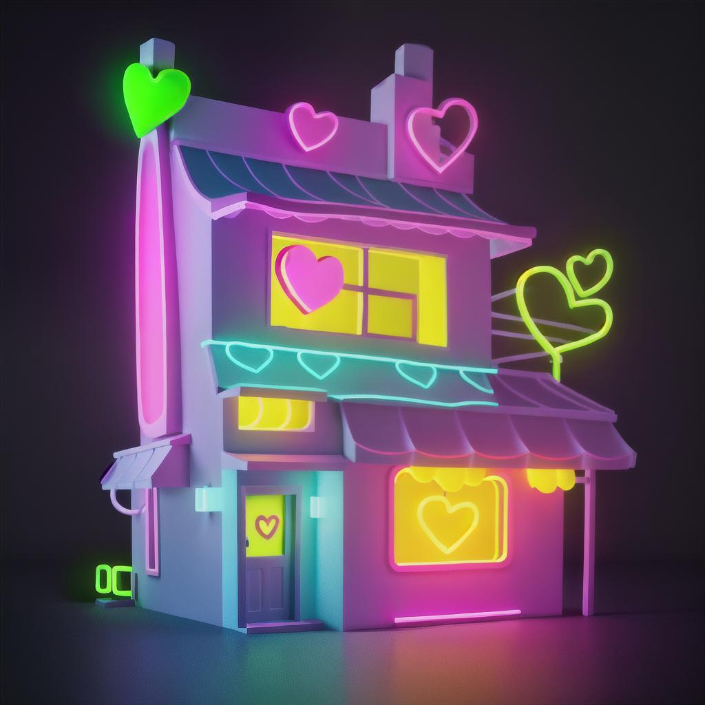  masterpiece, best quality, 2-d, undetailed, one-line drawing, neon illustration style, very simple, undetailed neon house with a heart drawing, neon details only, no background images, few details, all captured in stunning 8k resolution, bright colors, dark background