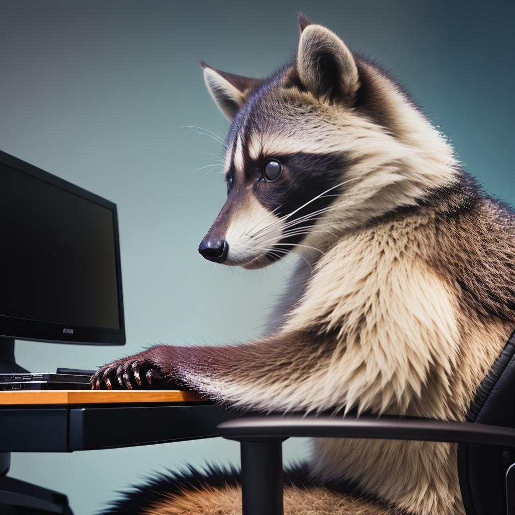  raccoon sitting in gaming chair front a computer on desktop, ((semi anthropomorphic)),(full body), tail, belly, sitting, fat, (chubby), (((white background))), solo, desktop, gaming chair, side view,  [[[clothes]]] hyperrealistic, full body, detailed clothing, highly detailed, cinematic lighting, stunningly beautiful, intricate, sharp focus, f/1. 8, 85mm, (centered image composition), (professionally color graded), ((bright soft diffused light)), volumetric fog, trending on instagram, trending on tumblr, HDR 4K, 8K