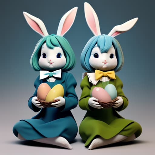  Two rabbits are sitting next to Easter eggs and one has a blue and green face