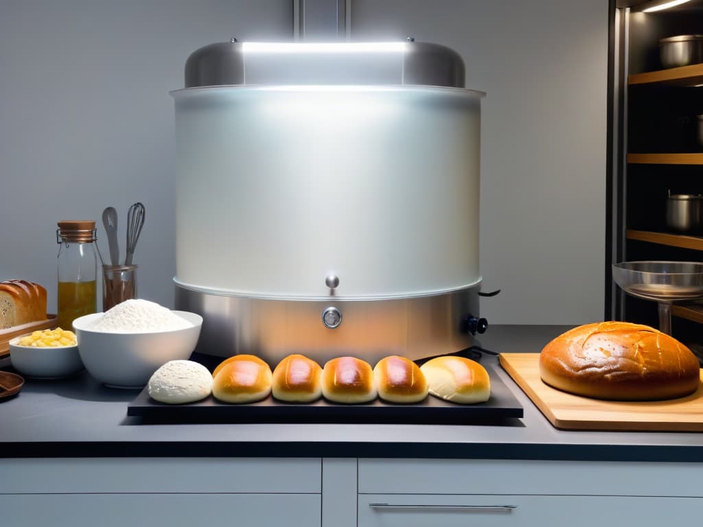  An 8k ultradetailed image of a sleek, modern home kitchen with a minimalist design featuring a pristine white countertop with a stateoftheart stainless steel homemade dough fermenter placed elegantly in the center. The fermenter is glowing softly with a subtle LED light, surrounded by carefully arranged artisanal bread loaves, pastry tools, and fresh ingredients like flour and yeast. The overall aesthetic is clean, sophisticated, and inviting, perfectly encapsulating the essence of elevating homemade bread and fermented goods to a professional level. hyperrealistic, full body, detailed clothing, highly detailed, cinematic lighting, stunningly beautiful, intricate, sharp focus, f/1. 8, 85mm, (centered image composition), (professionally color graded), ((bright soft diffused light)), volumetric fog, trending on instagram, trending on tumblr, HDR 4K, 8K