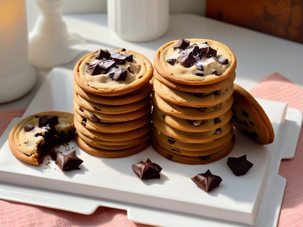  A closeup, ultradetailed image of a stack of freshly baked chocolate chip cookies, still warm and oozing with gooey melted chocolate chips. The cookies are placed on a sleek, modern white plate, emphasizing their golden brown edges and soft, chewy centers. Rays of natural light filter through a nearby window, casting a soft glow on the cookies and highlighting the rich texture of the chocolate chips. Each cookie is perfectly shaped, with a generous amount of chocolate chips visible on the surface, inviting the viewer to reach out and take a bite. hyperrealistic, full body, detailed clothing, highly detailed, cinematic lighting, stunningly beautiful, intricate, sharp focus, f/1. 8, 85mm, (centered image composition), (professionally color graded), ((bright soft diffused light)), volumetric fog, trending on instagram, trending on tumblr, HDR 4K, 8K