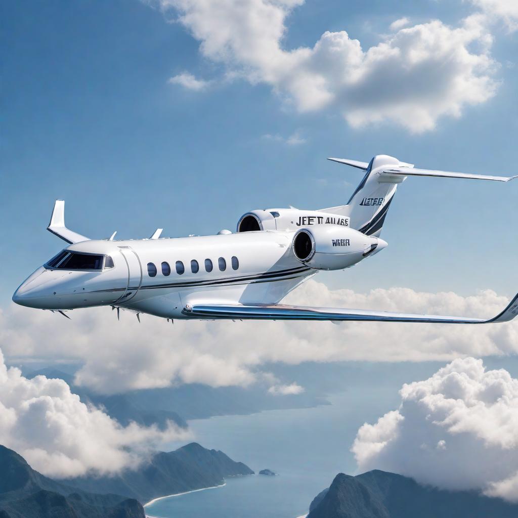  Create an image with the word 'Jetlease' in a bold, modern font at the center. Surround the text with a detailed and realistic depiction of a Gulfstream aircraft, signifying luxury and high-end private aviation. The aircraft should be in flight, with a clear blue sky in the background, symbolizing freedom and exclusivity. The overall feel of the image should be professional and sleek, suitable for a high-end brand or company dealing with private aircraft leasing. hyperrealistic, full body, detailed clothing, highly detailed, cinematic lighting, stunningly beautiful, intricate, sharp focus, f/1. 8, 85mm, (centered image composition), (professionally color graded), ((bright soft diffused light)), volumetric fog, trending on instagram, trending on tumblr, HDR 4K, 8K