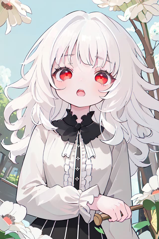  ultra detailed:1.2masterpiece:1.2,best quality,masterpiece,bestquality,hdr:1.1,8k:1.1,very cute girl:1.3,white hair:1.3,long hair,volume hair:0.5,curly hair:1.4,red eyes,bad mood:1.1,sleepy eyes:1.1,dot open mouth:1.3,upper body:1.3,dutch angle