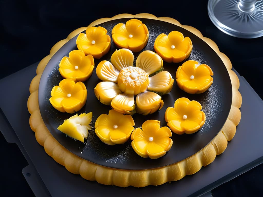  An intricately designed plate of golden pineapple tarts, each one meticulously shaped like a blooming flower, glistening with a sugary glaze under soft lighting. The tarts are arranged in a circular pattern on a sleek black plate, set against a stark white backdrop to highlight their delicate details and evoke a sense of elegance and tradition. hyperrealistic, full body, detailed clothing, highly detailed, cinematic lighting, stunningly beautiful, intricate, sharp focus, f/1. 8, 85mm, (centered image composition), (professionally color graded), ((bright soft diffused light)), volumetric fog, trending on instagram, trending on tumblr, HDR 4K, 8K