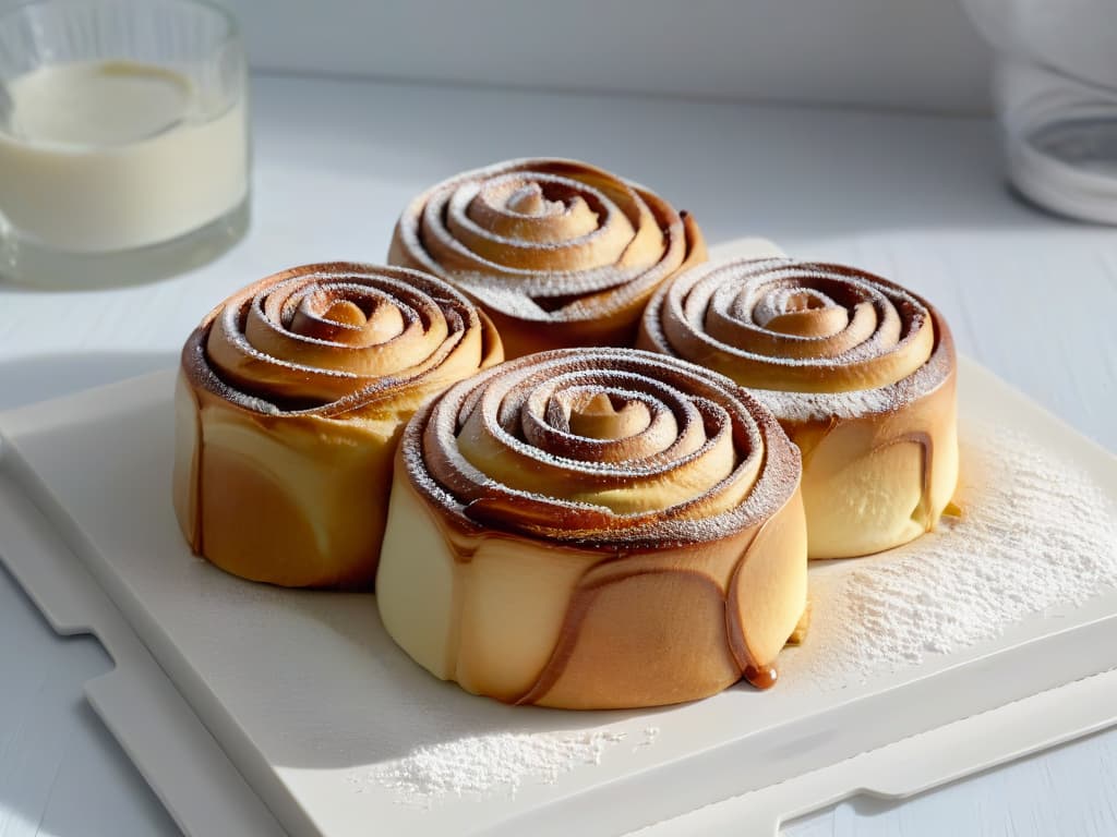  A closeup, minimalist image of freshly baked light and fluffy cinnamon rolls, still steaming, with a light dusting of powdered sugar on top, placed on a sleek, modern plate against a clean, white backdrop. The rolls are perfectly swirled and goldenbrown, emitting a warm, inviting aroma that evokes a sense of comfort and indulgence. The focus is on the texture of the rolls, showcasing their soft, pillowy interior and slightly crisp exterior, creating a visually captivating and appetizing scene for the readers. hyperrealistic, full body, detailed clothing, highly detailed, cinematic lighting, stunningly beautiful, intricate, sharp focus, f/1. 8, 85mm, (centered image composition), (professionally color graded), ((bright soft diffused light)), volumetric fog, trending on instagram, trending on tumblr, HDR 4K, 8K