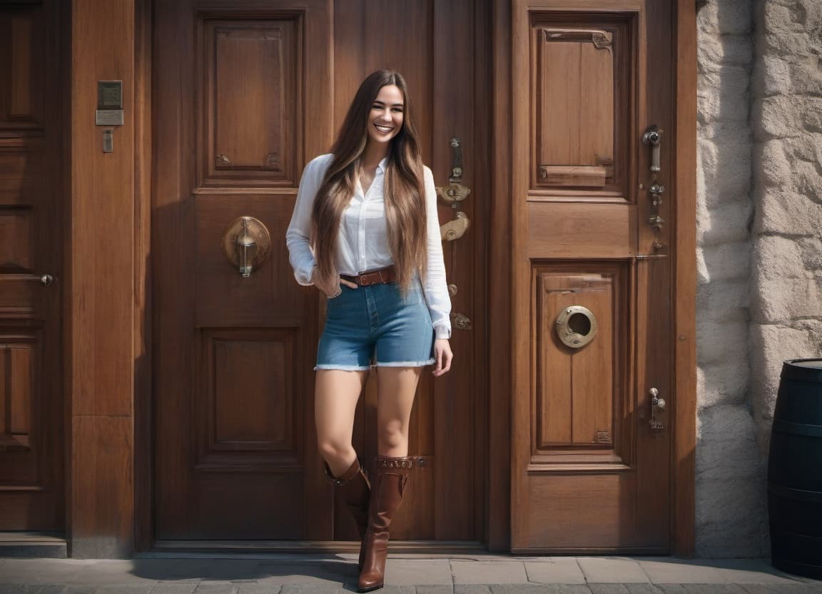  A long haired girl is standing and smiling. In the background, there is a door with large barrel locks. hyperrealistic, full body, detailed clothing, highly detailed, cinematic lighting, stunningly beautiful, intricate, sharp focus, f/1. 8, 85mm, (centered image composition), (professionally color graded), ((bright soft diffused light)), volumetric fog, trending on instagram, trending on tumblr, HDR 4K, 8K