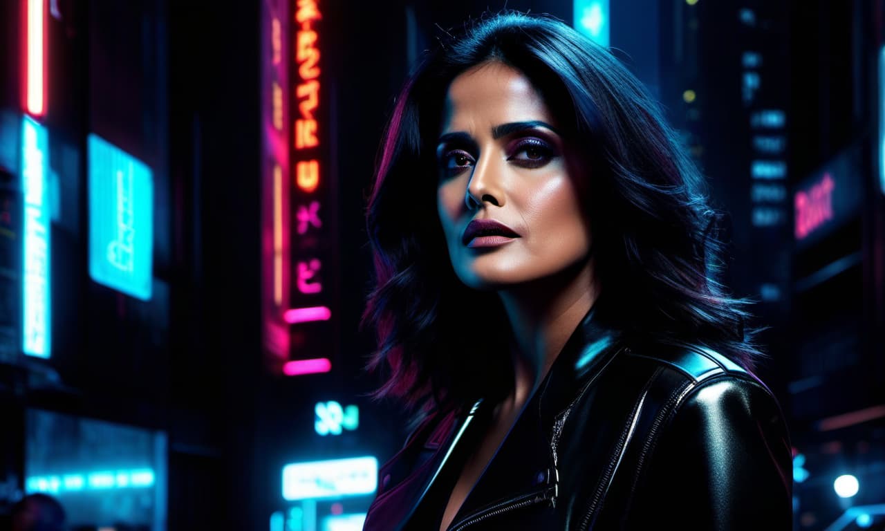  cyberpunk cityscape , highest quality, bare s, perky s, bare , photorealistic, metallic makeup, digital graphics, 8K, a, lips closed, satisfied expression, anticipation, youth, , contented, relaxed eyes, bad , 8K, Salma Hayek . neon lights, dark alleys, skyscrs, futuristic, vint colors, high contrast, highly detailed hyperrealistic, full body, detailed clothing, highly detailed, cinematic lighting, stunningly beautiful, intricate, sharp focus, f/1. 8, 85mm, (centered image composition), (professionally color graded), ((bright soft diffused light)), volumetric fog, trending on instagram, trending on tumblr, HDR 4K, 8K