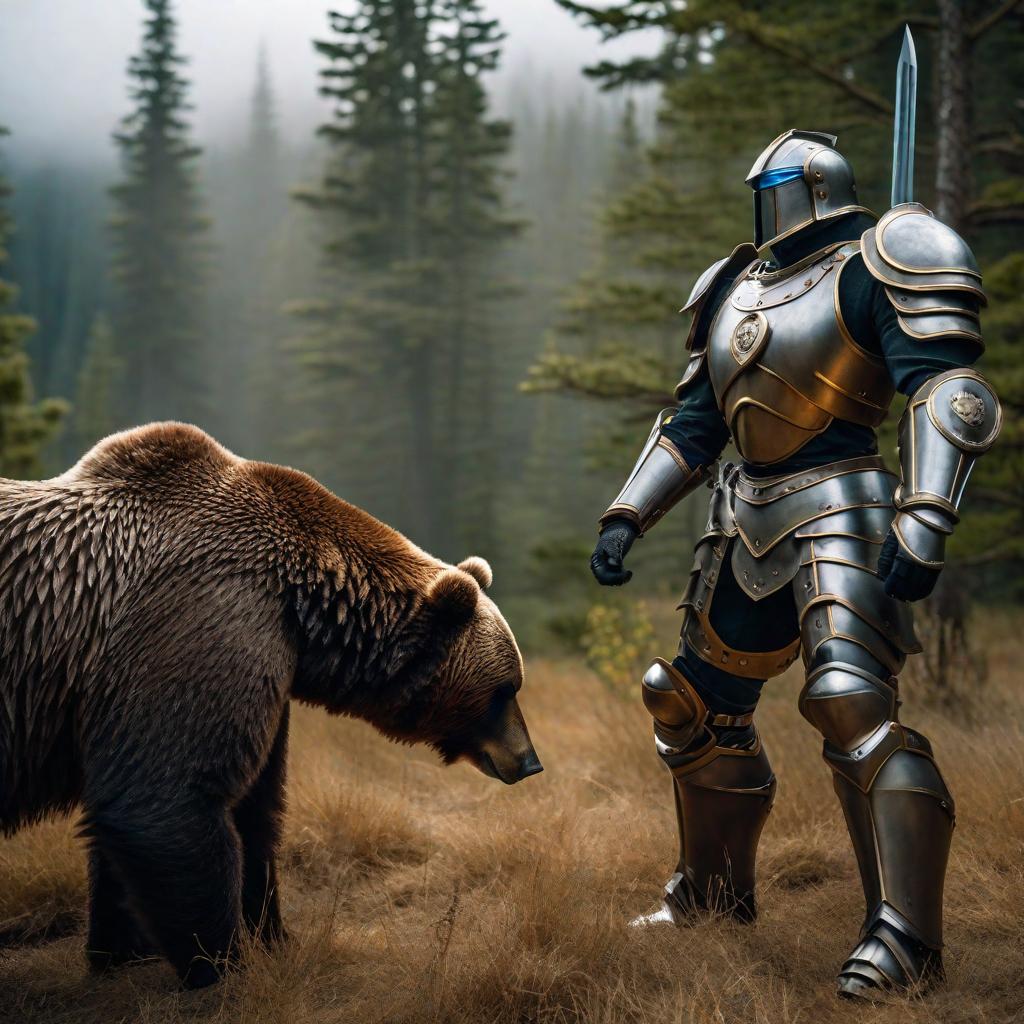  sentinel bot, in a cool suit of armour, shooting a bear hyperrealistic, full body, detailed clothing, highly detailed, cinematic lighting, stunningly beautiful, intricate, sharp focus, f/1. 8, 85mm, (centered image composition), (professionally color graded), ((bright soft diffused light)), volumetric fog, trending on instagram, trending on tumblr, HDR 4K, 8K