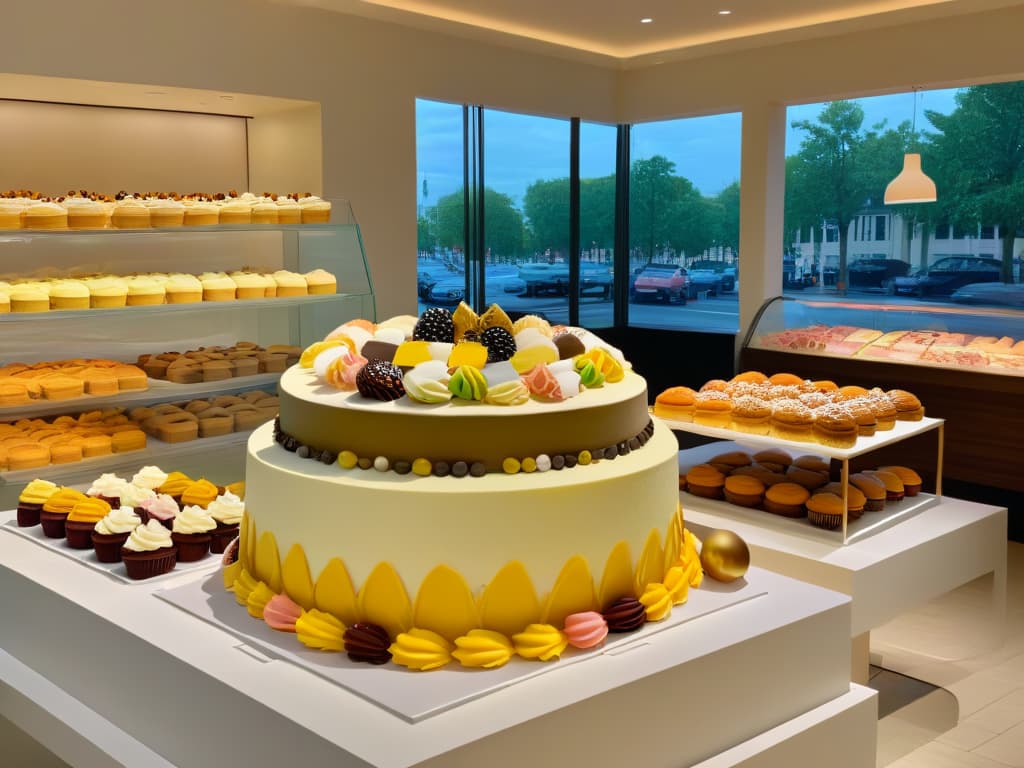  An ultradetailed 8k image depicting a sleek, modern bakery storefront with a large glass window showcasing a beautifully decorated themed cake in pastel colors, surrounded by elegant pastry displays filled with cupcakes, macarons, and cookies. The interior exudes a sophisticated ambiance with minimalist decor, featuring a marble countertop adorned with neatly arranged baking tools and a chalkboard menu displaying themed dessert options. Soft, natural light filters through the window, illuminating the exquisite pastries and creating a warm, inviting atmosphere that perfectly captures the essence of thematic merchandising in a bakery setting. hyperrealistic, full body, detailed clothing, highly detailed, cinematic lighting, stunningly beautiful, intricate, sharp focus, f/1. 8, 85mm, (centered image composition), (professionally color graded), ((bright soft diffused light)), volumetric fog, trending on instagram, trending on tumblr, HDR 4K, 8K