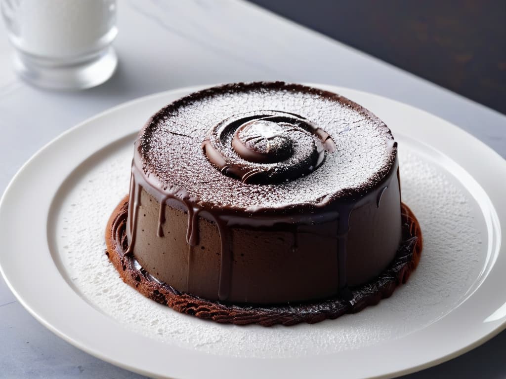  A closeup, ultradetailed image of a decadent chocolate lava cake with a rich, oozing molten center, dusted with a light sprinkling of powdered sugar on a sleek, modern white plate. The glossy surface of the cake reflects the soft ambient lighting, showcasing the intricate swirls of the dessert's velvety texture, creating a visually striking and enticing composition that embodies the intense flavor profile of bittersweet chocolate. hyperrealistic, full body, detailed clothing, highly detailed, cinematic lighting, stunningly beautiful, intricate, sharp focus, f/1. 8, 85mm, (centered image composition), (professionally color graded), ((bright soft diffused light)), volumetric fog, trending on instagram, trending on tumblr, HDR 4K, 8K