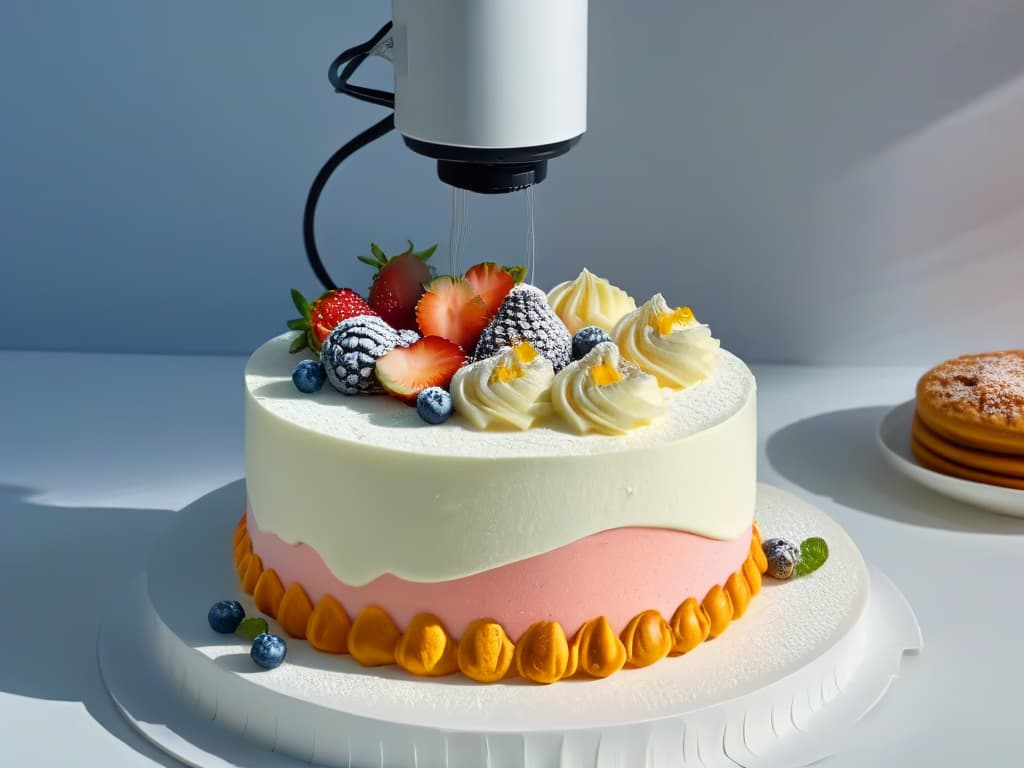  An ultradetailed 8k image of a sleek, modern kitchen countertop with a stateoftheart 3D food printer seamlessly integrated into the design. The printer is in action, delicately crafting intricate sugary decorations for a cake, showcasing the seamless fusion of technology and traditional pastry art. The color scheme is a blend of cool metallic tones with pops of vibrant pastel hues from the edible creations being printed, emphasizing the futuristic yet creative aspect of 3D printing in pastry making. hyperrealistic, full body, detailed clothing, highly detailed, cinematic lighting, stunningly beautiful, intricate, sharp focus, f/1. 8, 85mm, (centered image composition), (professionally color graded), ((bright soft diffused light)), volumetric fog, trending on instagram, trending on tumblr, HDR 4K, 8K