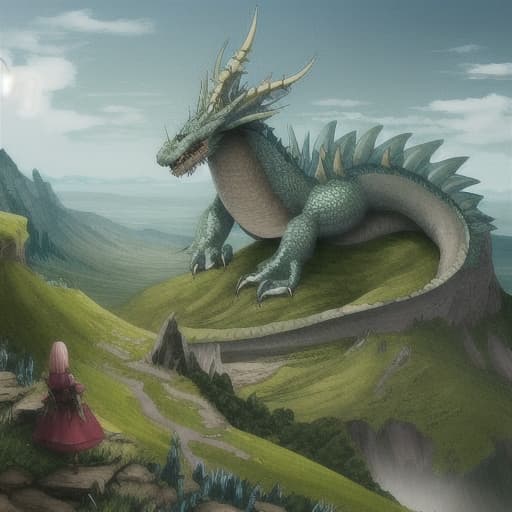  Big dragons on a hill and fantasy with a small girl standing