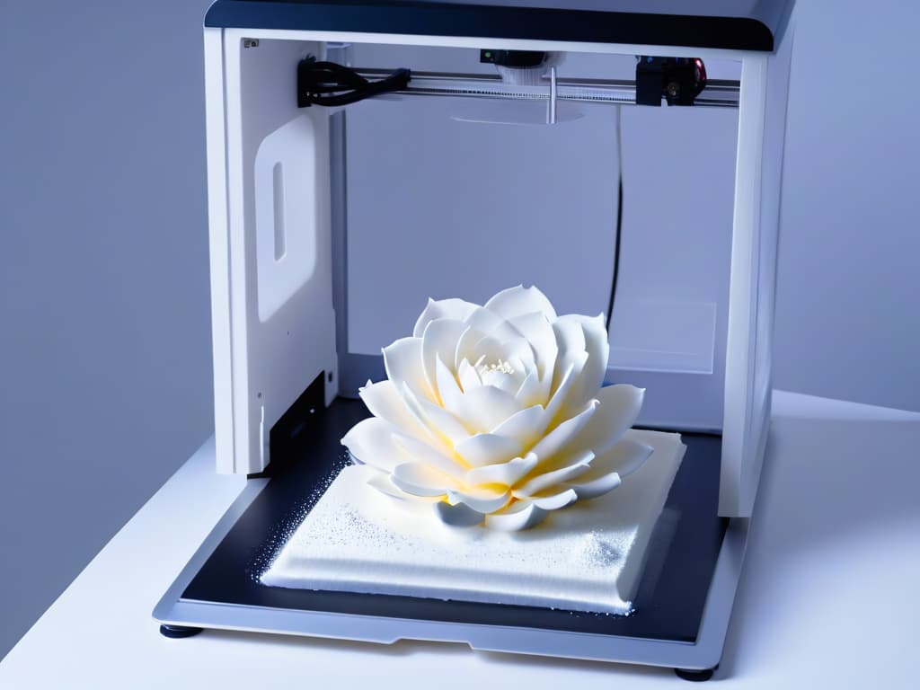  A sleek, monochromatic 3D printer in action, delicately crafting a detailed dessert sculpture with precision and finesse. The background is a soft gradient of gray tones, enhancing the futuristic and hightech feel of the scene. The dessert being printed is an intricate sugar flower, showcasing the capabilities of 3D printing technology in creating edible works of art. hyperrealistic, full body, detailed clothing, highly detailed, cinematic lighting, stunningly beautiful, intricate, sharp focus, f/1. 8, 85mm, (centered image composition), (professionally color graded), ((bright soft diffused light)), volumetric fog, trending on instagram, trending on tumblr, HDR 4K, 8K