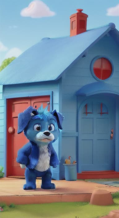  {Max the big blue dog standing in front of a cozy little house with a red door, The big blue dog is large with sky blue fur, big round eyes, a black nose, and floppy ears.