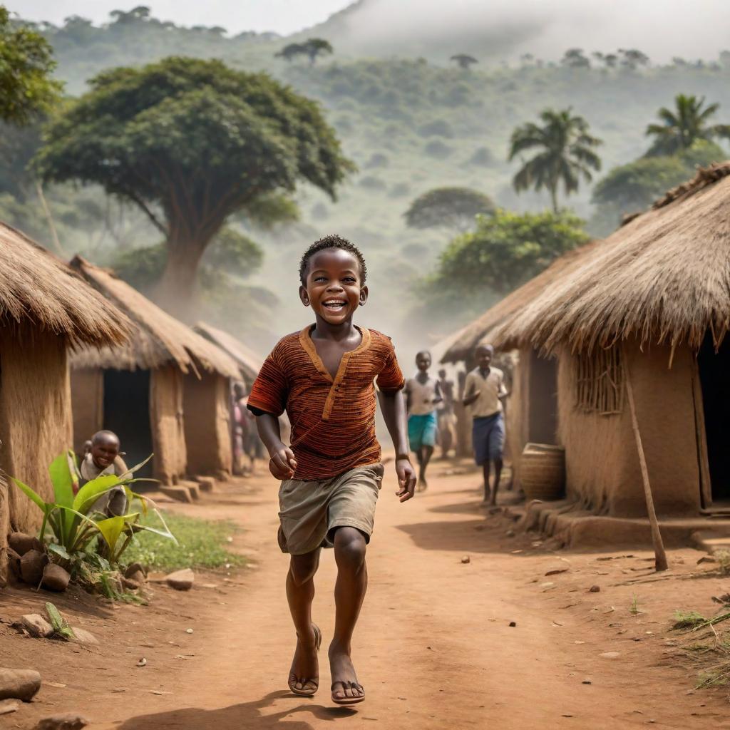  A young African boy named Kofi running through a village with his friends, playing and laughing, surrounded by huts and nature. hyperrealistic, full body, detailed clothing, highly detailed, cinematic lighting, stunningly beautiful, intricate, sharp focus, f/1. 8, 85mm, (centered image composition), (professionally color graded), ((bright soft diffused light)), volumetric fog, trending on instagram, trending on tumblr, HDR 4K, 8K