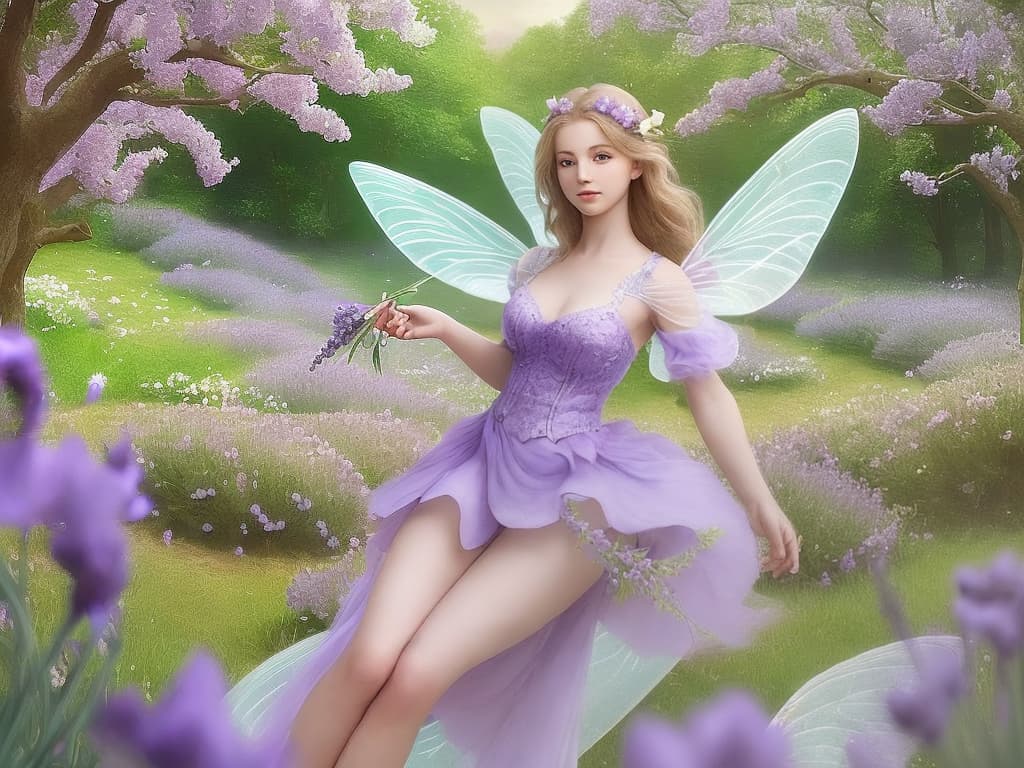  a beautiful realistic flying fairy, holding lavender flowers, with a fairy forest in the background