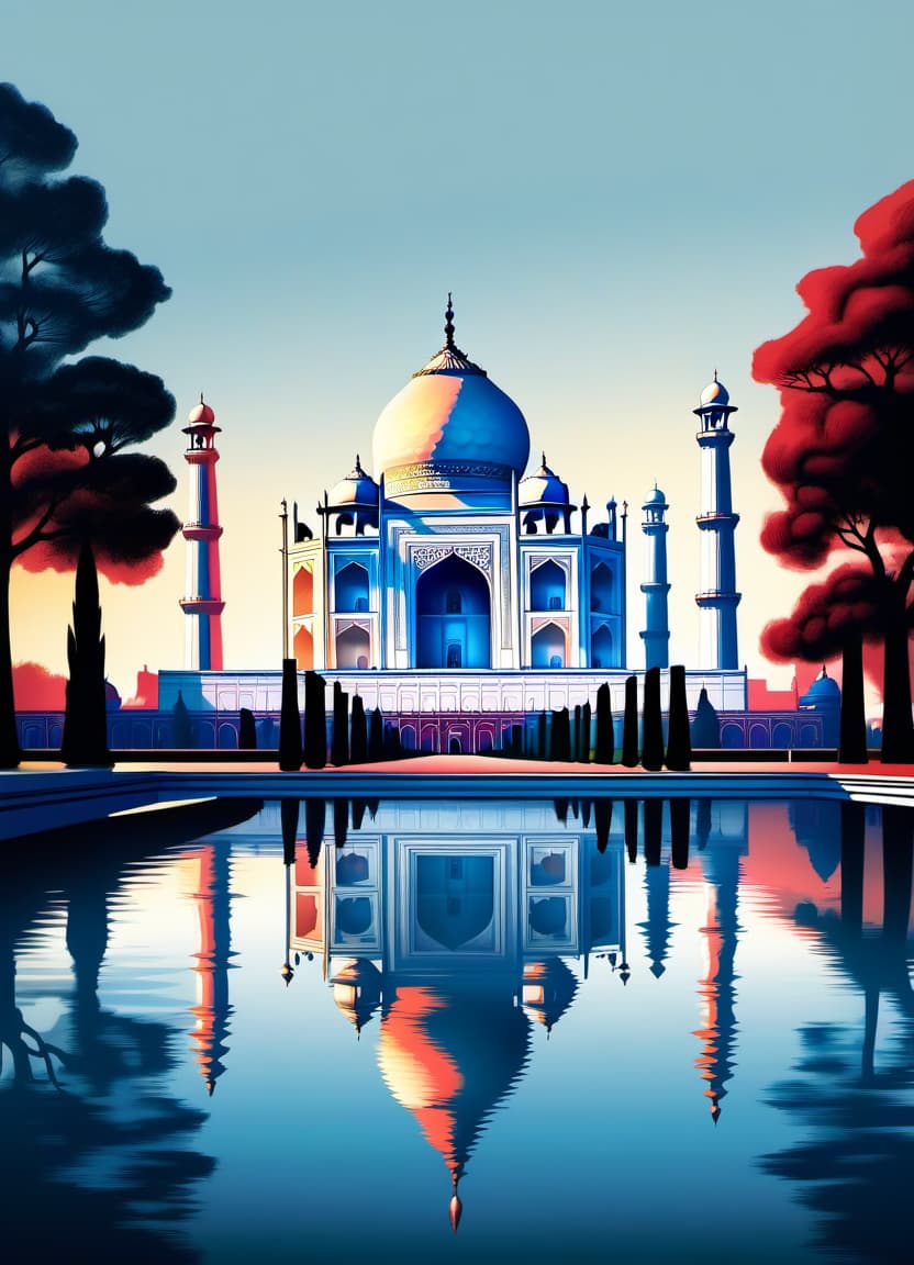  Line art, (vector graphics: 1,4). Minimalism, flat solution. Gouache and ink drawing without halftones on textured paper. (Drawing in the form of a poster: 1,4). Graphics (minimalism: 1.4). (Far background: 1,9). The outline of the Taj Mahal mausoleum and its reflection in Agra. Baroque lines of drawing. Mannerism, Baroque, Art Nouveau, flamboyance. Bright white and black colors on a bright blue background. Background: (surrealistic abstract) solution of elements of Indian ornament and exotic colors on blue paper. Mesmerizing simplicity. Ultra detailed and detailed. Fine lines of ink. Vignetting. Realistic, decorative, stylized, ornamental. Harmonious composition. Stylistics: neorococo, Art Nouveau, surrealist abstractionism, epic. In the m hyperrealistic, full body, detailed clothing, highly detailed, cinematic lighting, stunningly beautiful, intricate, sharp focus, f/1. 8, 85mm, (centered image composition), (professionally color graded), ((bright soft diffused light)), volumetric fog, trending on instagram, trending on tumblr, HDR 4K, 8K