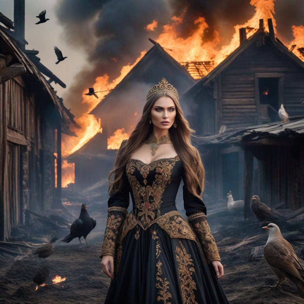  gothic style Ukrainian Rus' Slavic princess Olga against a background of far off burning wooden walls and wooden houses of an ancient city in the sky, flocks of birds. . dark, mysterious, haunting, dramatic, ornate, detailed hyperrealistic, full body, detailed clothing, highly detailed, cinematic lighting, stunningly beautiful, intricate, sharp focus, f/1. 8, 85mm, (centered image composition), (professionally color graded), ((bright soft diffused light)), volumetric fog, trending on instagram, trending on tumblr, HDR 4K, 8K