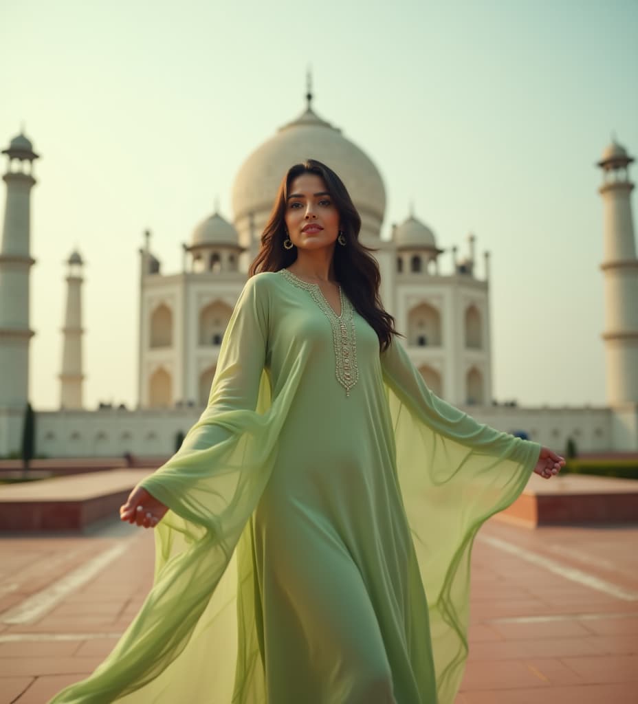  good quality, high quality, fashion photography. a low angle shot. an indian woman wearing a light green kameez is lowered and looking towards the camera, creating a dynamic and immersive perspective. taj mahal with dusky atmosphere in the background. the focus is on the woman, with a slight blur on the background to enhance depth. the lighting is natural, casting soft shadows and enhancing the serene, airy mood. a ground level view emphasizes her movement and expression, conveying a sense of freedom and elegance.