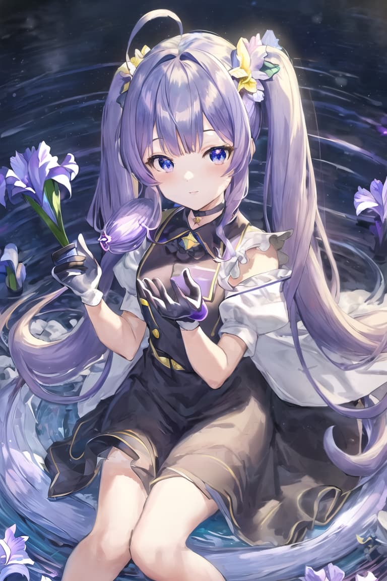  master piece , best quality,pretty, anime, pastel, neon, vtuber fullbody vtuber halfbody, kawaii Masterpiece, young woman, sitting down, parted lips, black eyes, fluffy curly hair, bangs, ahoge, light brown hair, rosy cheeks, short sleeve, black and purple dress, puffy sleeves, black gloves, purple ribbons, ((faded iris)), myceliumtech, scifi, Mycelia, spongy, PsychedelicMasterpiece, ((Faded iris)), flowers, smile, water effect, ahoge, looking up, upper view, yuki miku, very long blue hair, twintails, hair ornament, blue eyes, kawaii looking upupper viewhair ornament(masterpiece:1.2), (hires:1.2), (better hands:1.2), beautiful hands, perfect anatomy, holding star, 1boy, antenna hair, choker, white jacket, shoulder belt, collared shirt, ear 