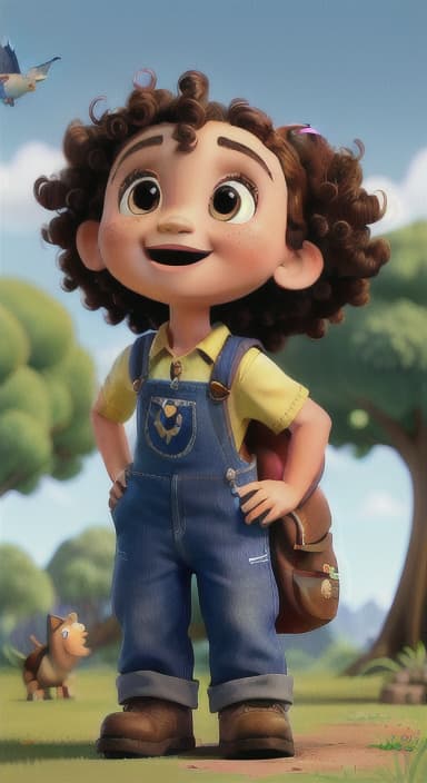  {Riley looking up at the tree with a big smile, animals surrounding them., Riley, a curious with big brown eyes and curly hair, wearing overalls and carrying a small backpack. Their friend, Skye, a bluebird with shiny feathers.