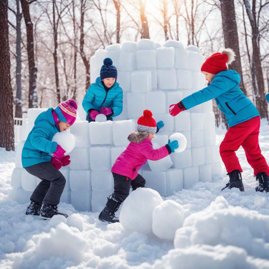  group of children make snowballs for snowball fights. children play in snow fort made of ice blocks. active winter outdoor games., cute, hyper detail, full HD hyperrealistic, full body, detailed clothing, highly detailed, cinematic lighting, stunningly beautiful, intricate, sharp focus, f/1. 8, 85mm, (centered image composition), (professionally color graded), ((bright soft diffused light)), volumetric fog, trending on instagram, trending on tumblr, HDR 4K, 8K