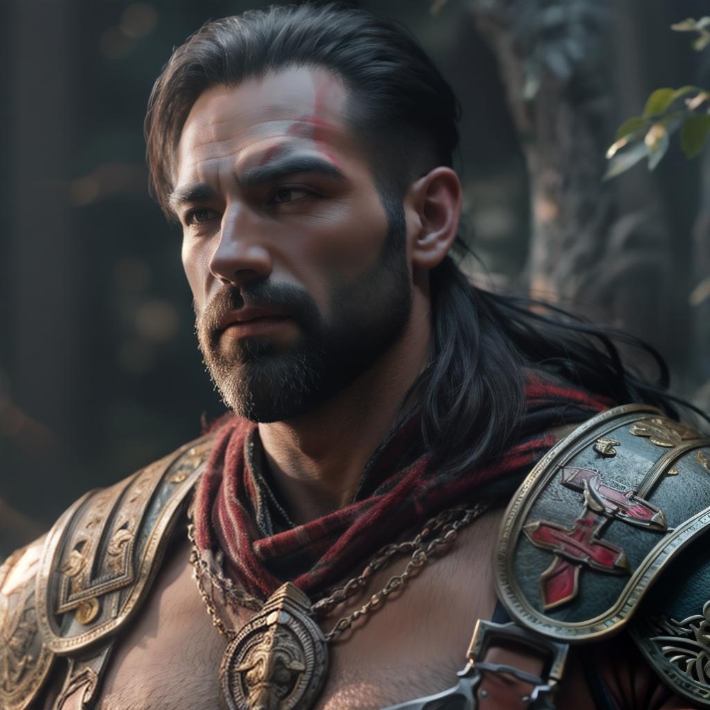  God of war hyperrealistic, full body, detailed clothing, highly detailed, cinematic lighting, stunningly beautiful, intricate, sharp focus, f/1. 8, 85mm, (centered image composition), (professionally color graded), ((bright soft diffused light)), volumetric fog, trending on instagram, trending on tumblr, HDR 4K, 8K