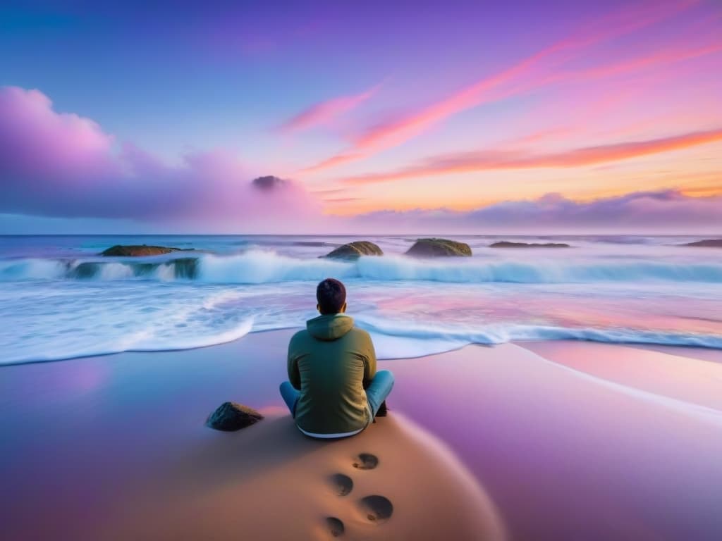  An image of a serene beach in Uruguay during a vibrant sunset, with the sky painted in hues of pink, orange, and purple. The calm ocean reflects the colorful sky, creating a mesmerizing scene that evokes a sense of peace and tranquility. A lone figure sits on the sand, looking out towards the horizon, symbolizing the act of disconnecting from the digital world to connect with nature and oneself. hyperrealistic, full body, detailed clothing, highly detailed, cinematic lighting, stunningly beautiful, intricate, sharp focus, f/1. 8, 85mm, (centered image composition), (professionally color graded), ((bright soft diffused light)), volumetric fog, trending on instagram, trending on tumblr, HDR 4K, 8K