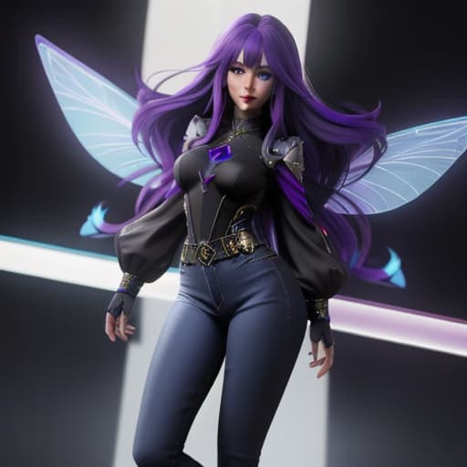  female,long hair Purple,her bangs on the side,Blue eyes,fairy,her Wings is buttetfly Purple,blck jeans,black shirt,black hacker,background is sky,she is fly at the sky hyperrealistic, full body, detailed clothing, highly detailed, cinematic lighting, stunningly beautiful, intricate, sharp focus, f/1. 8, 85mm, (centered image composition), (professionally color graded), ((bright soft diffused light)), volumetric fog, trending on instagram, trending on tumblr, HDR 4K, 8K