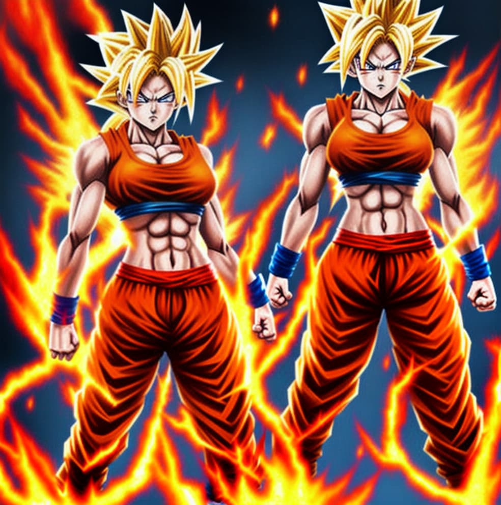  Female super sayan, red goku kostüm. Cute body. Sayan hair, fire eyes, fire hands, high resolution