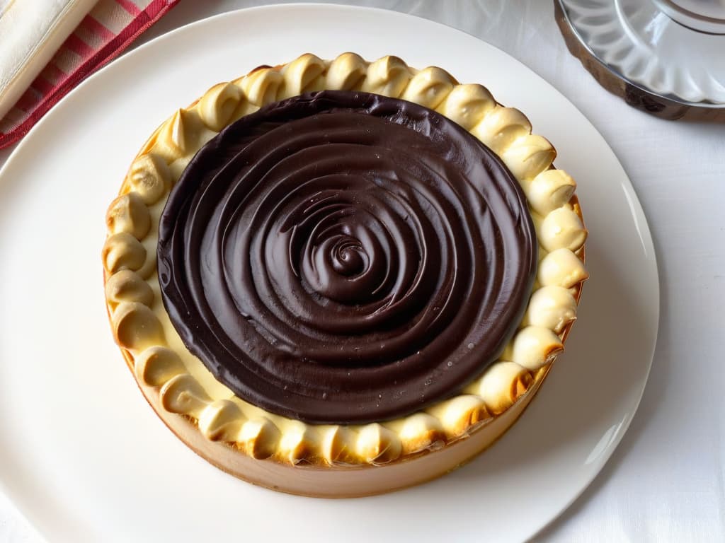  An ultradetailed closeup image of a freshly baked Neenish Tart sitting on a delicate porcelain plate, showcasing its perfectly goldenbrown, flaky crust and glossy chocolate and vanilla icing. The light catches the intricacies of the tart's dualcolored topping, highlighting the smooth swirls and precise division between the chocolate and vanilla sections. Tiny droplets of moisture glisten on the surface, hinting at the delectable cream filling within. The background is softly blurred to emphasize the tart's exquisite details, inviting the viewer to savor each element of this iconic dessert. hyperrealistic, full body, detailed clothing, highly detailed, cinematic lighting, stunningly beautiful, intricate, sharp focus, f/1. 8, 85mm, (centered image composition), (professionally color graded), ((bright soft diffused light)), volumetric fog, trending on instagram, trending on tumblr, HDR 4K, 8K