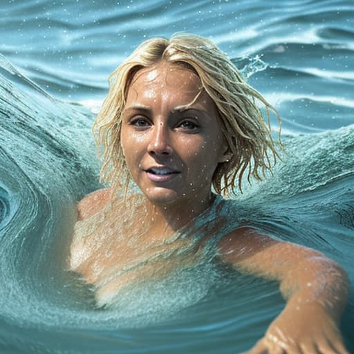  tanned blonde woman's face is in the water she's sinking and drowning she's panic a lot of water waves and splashes around her