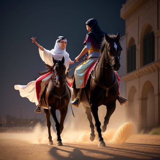  two Arabic girls dancing with black horse , hyperrealistic, high quality, highly detailed, perfect lighting, intricate, sharp focus, f/1. 8, 85mm, (centered image composition), (professionally color graded), ((bright soft diffused light)), trending on instagram, HDR 4K, 8K