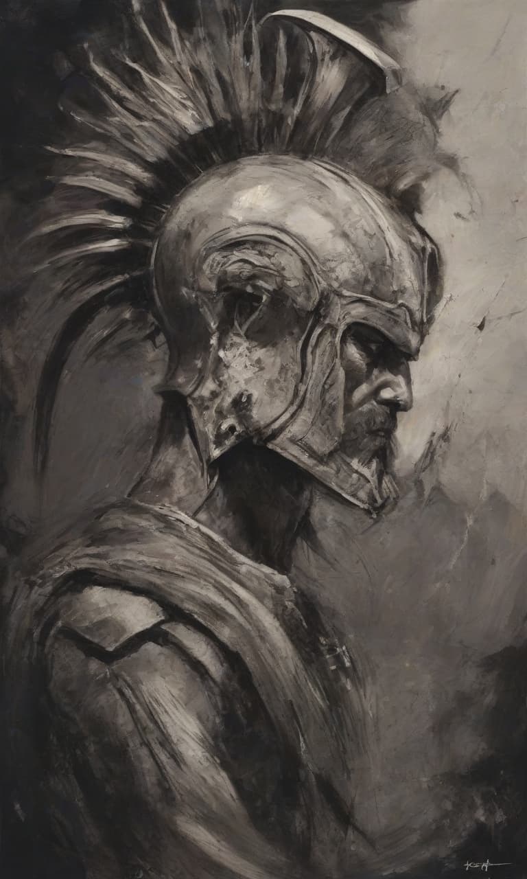  abstract expressionist crayon painting, by Benedick Bana, ancient man wearing a spartan helmet, profile view. energetic brushwork, bold colors, abstract forms, expressive, emotional hyperrealistic, full body, detailed clothing, highly detailed, cinematic lighting, stunningly beautiful, intricate, sharp focus, f/1. 8, 85mm, (centered image composition), (professionally color graded), ((bright soft diffused light)), volumetric fog, trending on instagram, trending on tumblr, HDR 4K, 8K