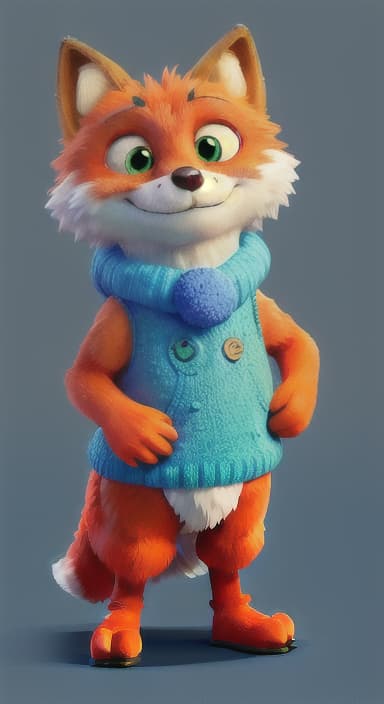  {Error the fox pressing the blue button with his paw, looking puzzled as nothing occurs., Error is a small, bright orange fox with a fluffy tail and big, inquisitive eyes. He has a mischievous yet kind expression and wears a tiny green scarf.