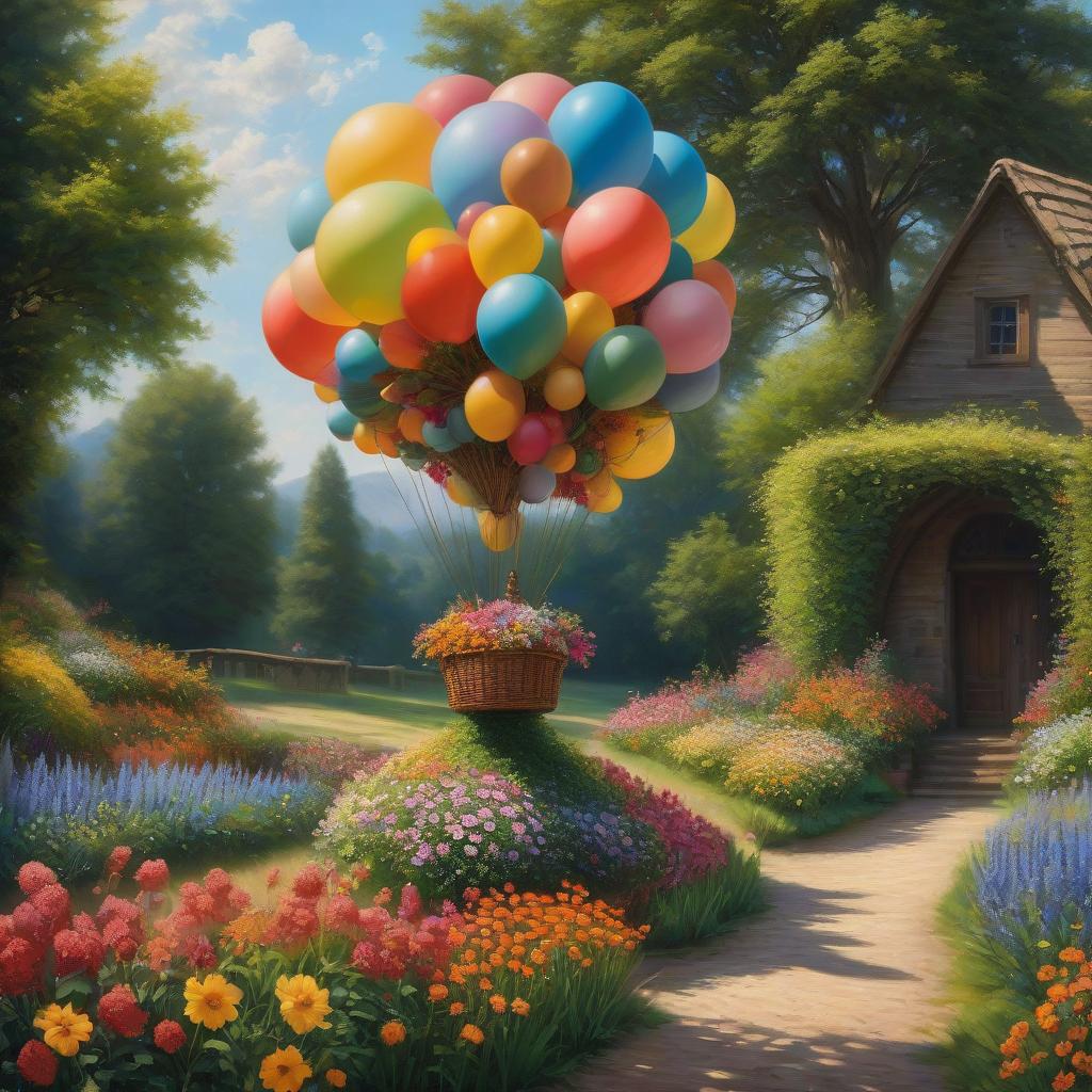  Flying balloon, basket filled with wildflowers, topiary, fantasy, beautiful ,realistic, intricate details, oil painting, deep shadow hyperrealistic, full body, detailed clothing, highly detailed, cinematic lighting, stunningly beautiful, intricate, sharp focus, f/1. 8, 85mm, (centered image composition), (professionally color graded), ((bright soft diffused light)), volumetric fog, trending on instagram, trending on tumblr, HDR 4K, 8K