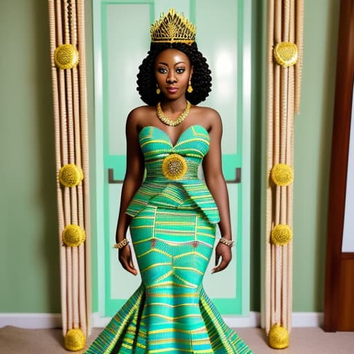  A Ghanaian modern bride in a stylish mint green Ghanaian KENTE gown with chains and petals . Should be a mermaid dress that looks regal and has highlights of kente colors. Must look like a beauty queen with a golden crown