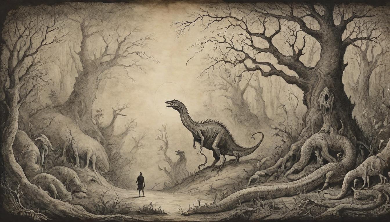  on parchment, surrealism++, A figure standing at the edge of a mystical forest, reptilian creatures lurking within shadows, test of resilience, determination, dark and mythical atmosphere(mysterious, provocative, symbolic)++