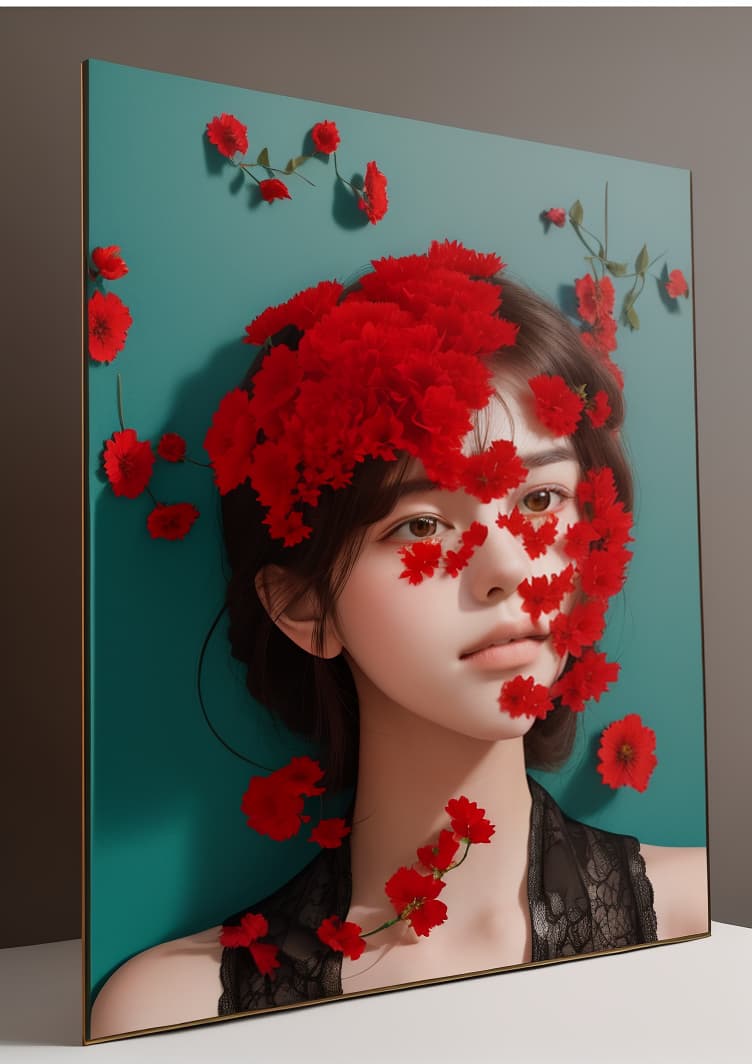  masterpiece, best quality, photograph of many red flowers that partially cover the face of a beautiful girl