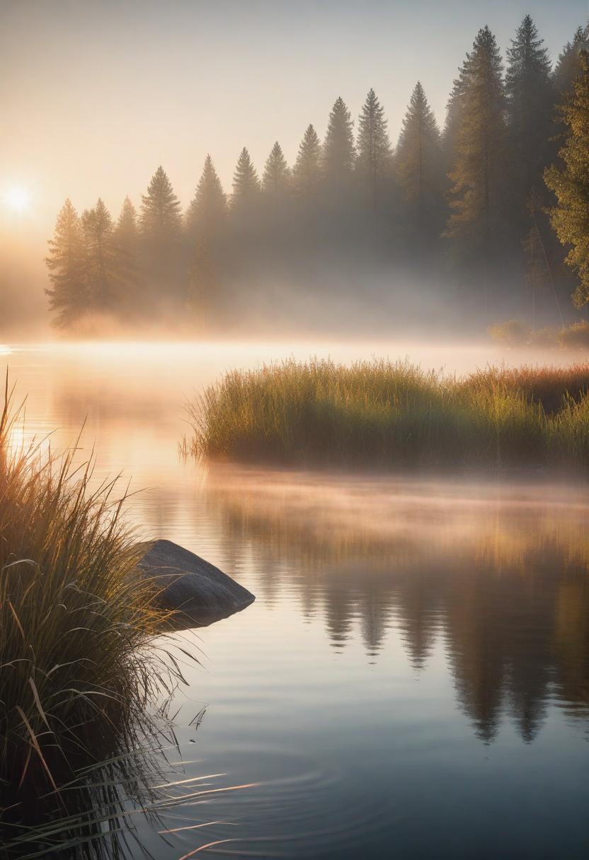  A serene sunrise over a calm lake, with mist rising from the water. Filtered through a soft, warm light, creating a dream-like atmosphere. hyperrealistic, full body, detailed clothing, highly detailed, cinematic lighting, stunningly beautiful, intricate, sharp focus, f/1. 8, 85mm, (centered image composition), (professionally color graded), ((bright soft diffused light)), volumetric fog, trending on instagram, trending on tumblr, HDR 4K, 8K