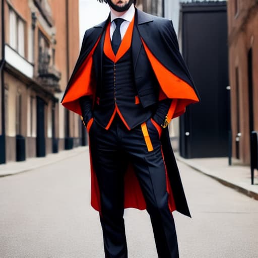 modelshoot style Guy Fawkes/Vendetta with his Black suit with orange cape. Focus on the face smiling unreal