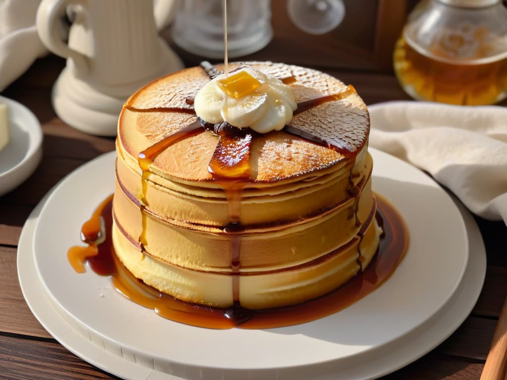  An ultradetailed photorealistic image of a stack of fluffy buttermilk pancakes topped with a generous drizzle of rich, ambercolored maple syrup, with a dollop of melting butter on top. The syrup glistens under the soft morning light, showcasing the intricate texture of the pancakes and the enticing viscosity of the syrup as it cascades down the sides in a mouthwatering display. The background features a rustic wooden table setting, adding warmth and authenticity to the scene. hyperrealistic, full body, detailed clothing, highly detailed, cinematic lighting, stunningly beautiful, intricate, sharp focus, f/1. 8, 85mm, (centered image composition), (professionally color graded), ((bright soft diffused light)), volumetric fog, trending on instagram, trending on tumblr, HDR 4K, 8K