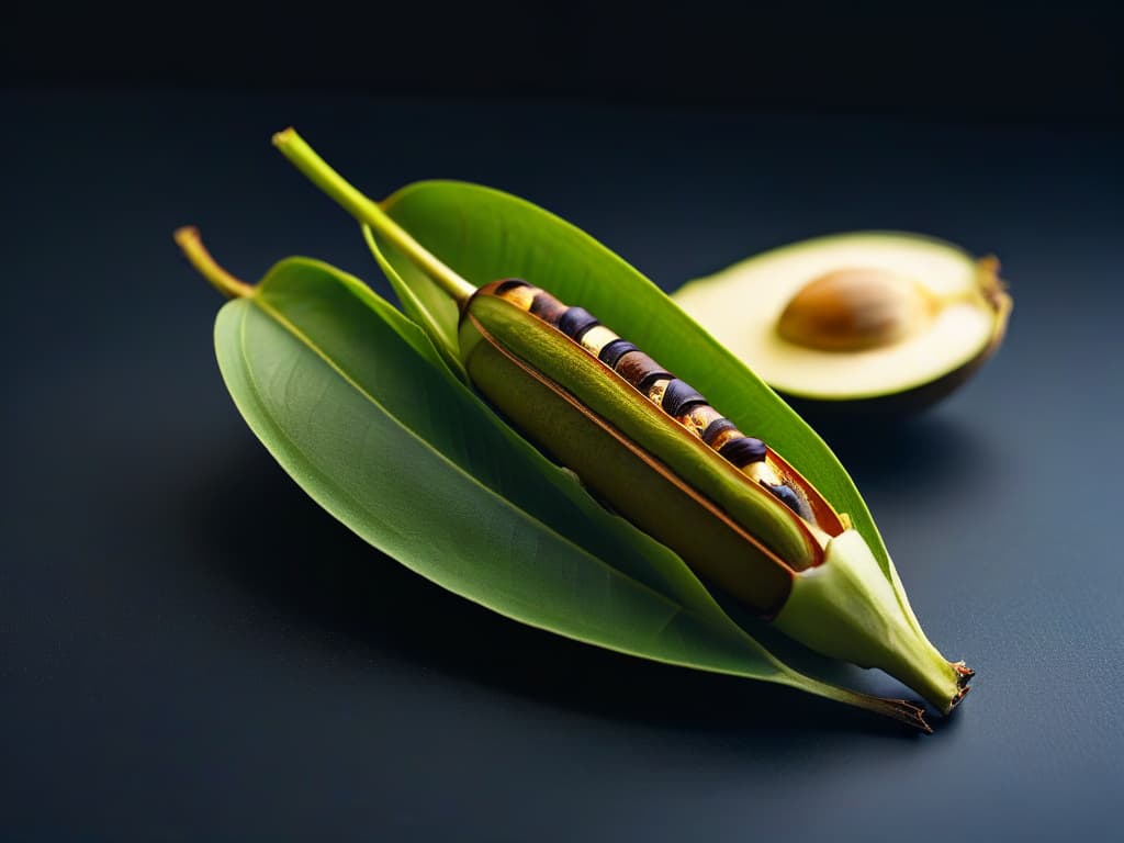  A closeup, ultradetailed image of a single vanilla bean pod split open, showcasing the tiny flavorful seeds inside against a dark, textured background. The focus is sharp, capturing the intricate patterns and textures of the pod, with the seeds glistening in the light, evoking a sense of natural beauty and culinary delight. hyperrealistic, full body, detailed clothing, highly detailed, cinematic lighting, stunningly beautiful, intricate, sharp focus, f/1. 8, 85mm, (centered image composition), (professionally color graded), ((bright soft diffused light)), volumetric fog, trending on instagram, trending on tumblr, HDR 4K, 8K