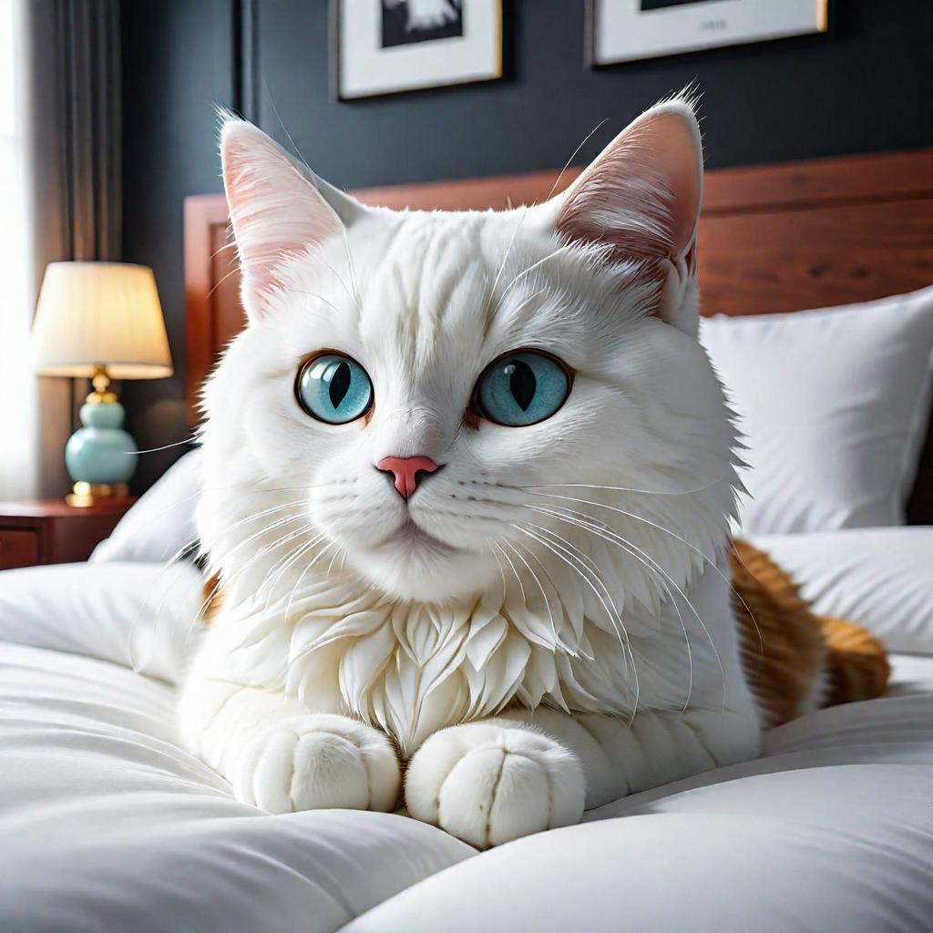  cinematic photo a large white bed with a pillow in the shape of a cat at the headboard. . 35mm photograph, film, bokeh, professional, 4k, highly detailed