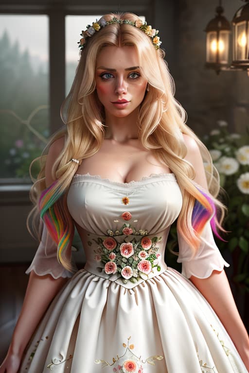  detailed and realistic portrait of a rapunzel maid with a few freckles, long blonde disheveled hairs, multicolor mesmerizing eyes, dark fluffy dress, soft natural lighting, portrait photography, magical photography, dramatic lighting, photo realism, ultra detailed, intimate portrait composition, flowers in background, Leica 50mm, f1. 4 hyperrealistic, full body, detailed clothing, highly detailed, cinematic lighting, stunningly beautiful, intricate, sharp focus, f/1. 8, 85mm, (centered image composition), (professionally color graded), ((bright soft diffused light)), volumetric fog, trending on instagram, trending on tumblr, HDR 4K, 8K